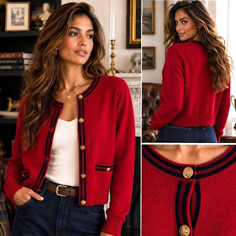 J Crew 100% Cashmere 2XL Red Sweater Cardigan Gold Crest Preppy Academia Luxury
